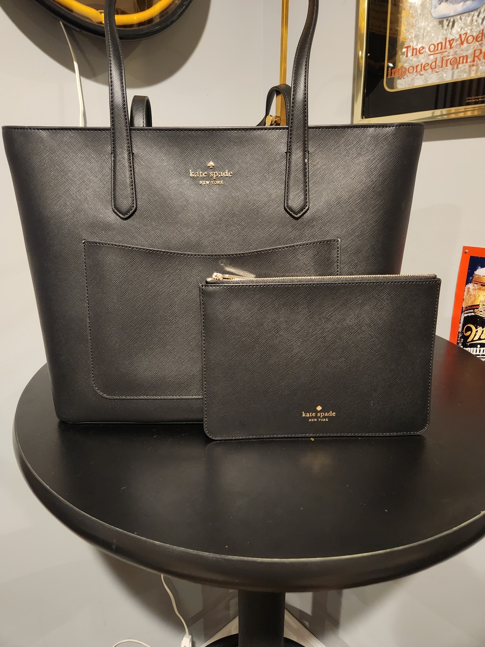 kate spade Black Saffiano Leather Messenger Tote with Zip Pouch